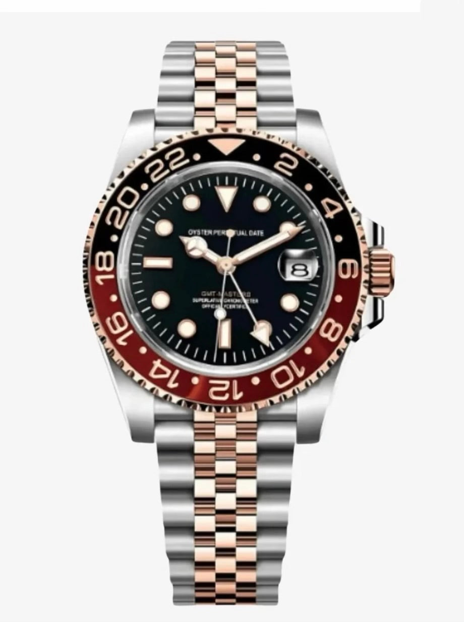 Montre GMT Lunette Marron-Noir Argent & Or