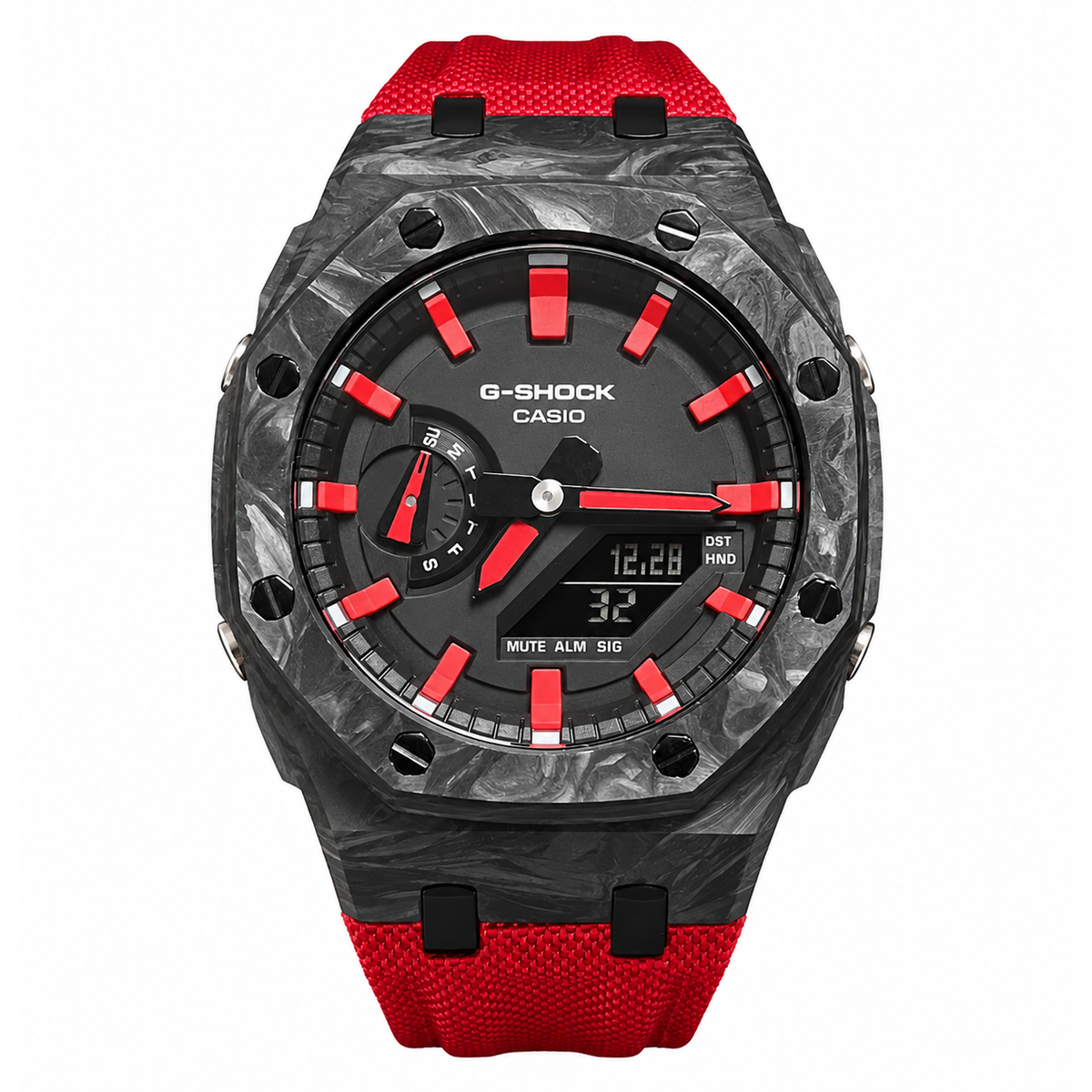 Montre Sport Robuste Fibre de Carbone Rouge