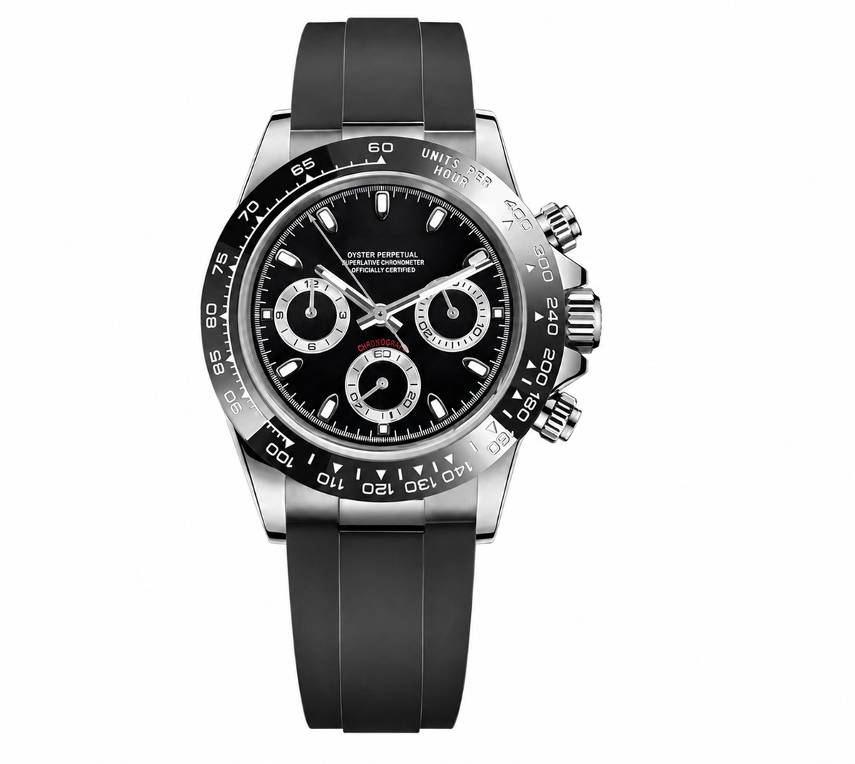 Montre Chronographe Noir & Argent Bracelet Caoutchouc