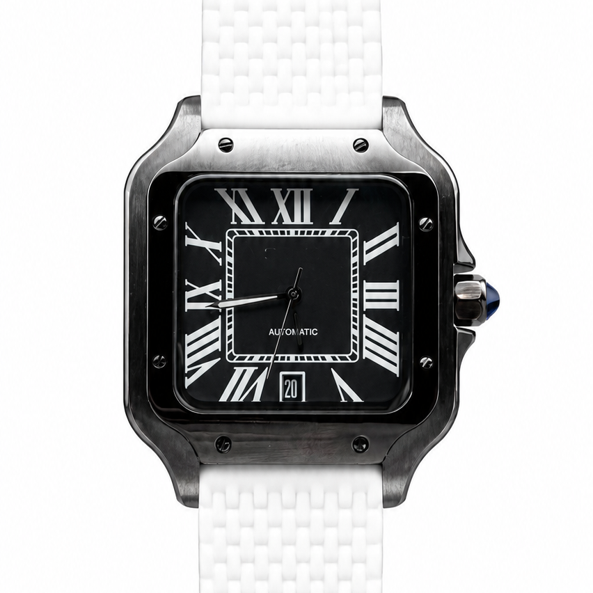 Montre Carrée Noir & Blanc Bracelet Textile