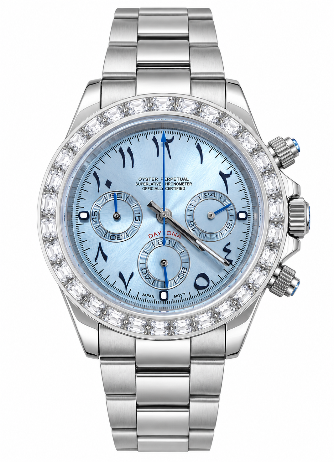 Montre Chronographe Bleu Platine Diamants Diamants Baguette Chiffres Arabes