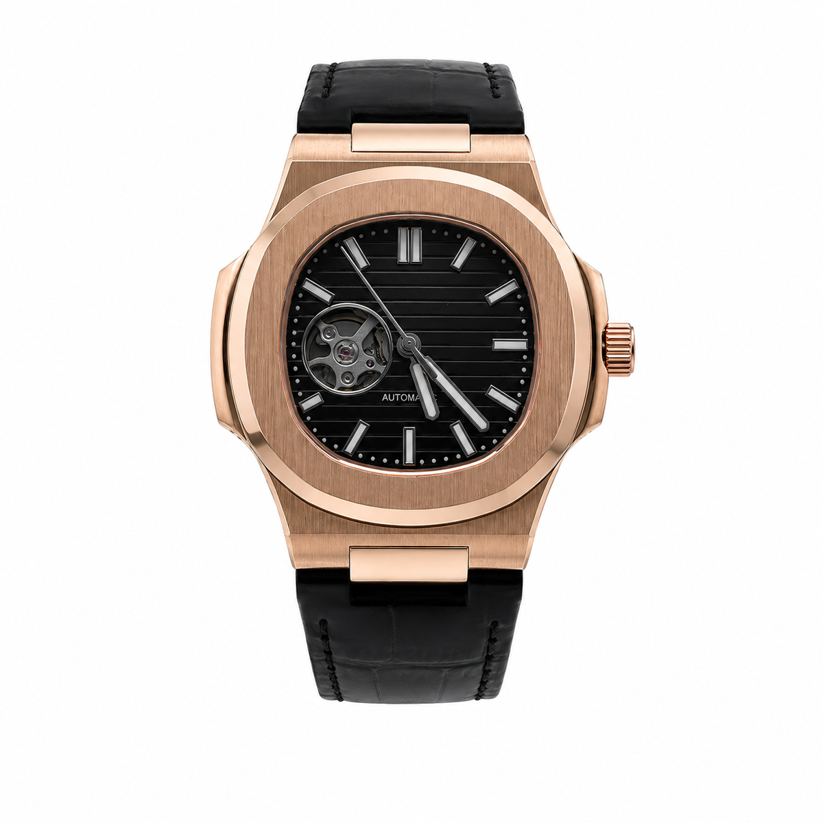 Montre Sport Chic Or Rose Cœur Ouvert & Noir Cuir