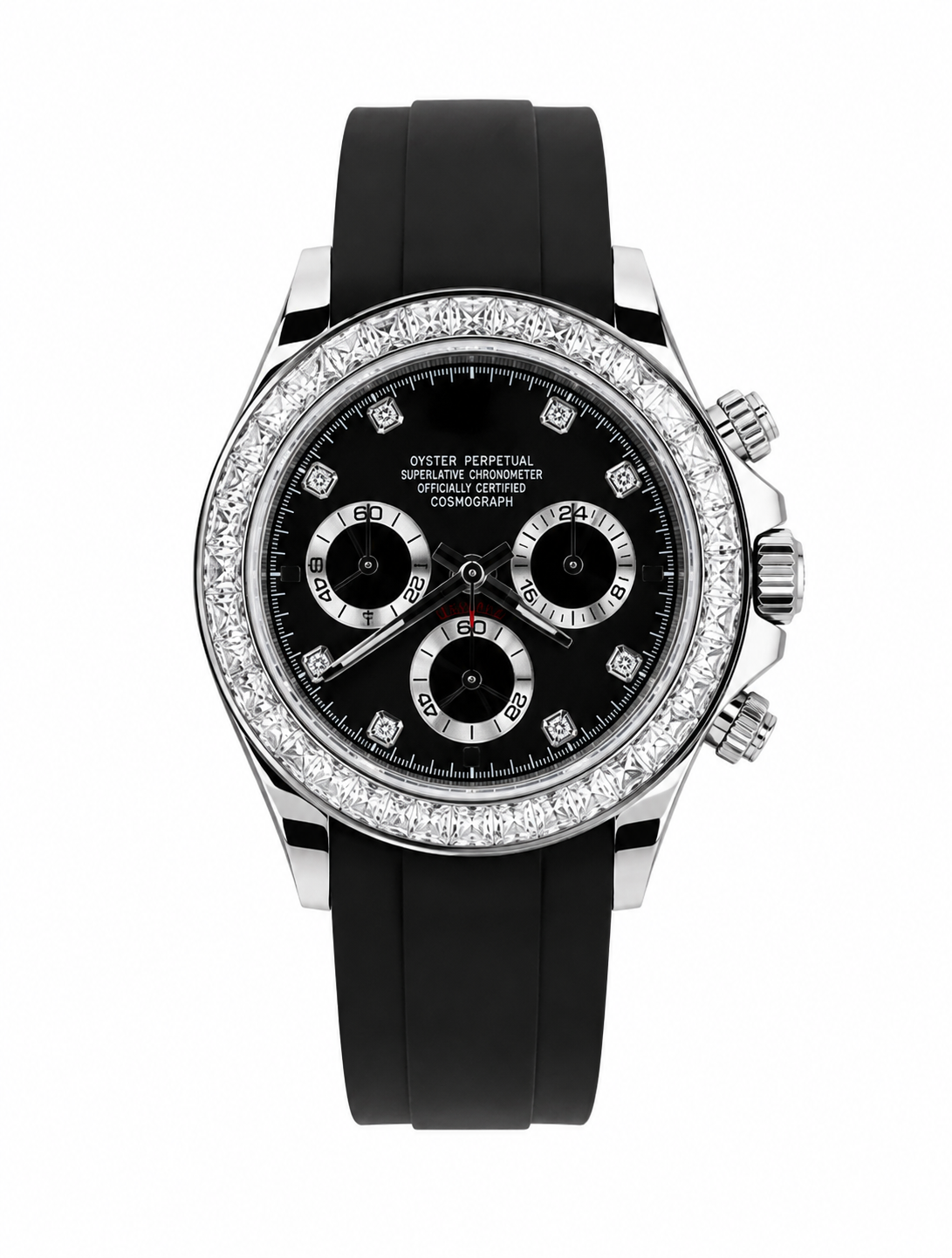 Montre Chronographe Diamants Noir Bracelet Caoutchouc