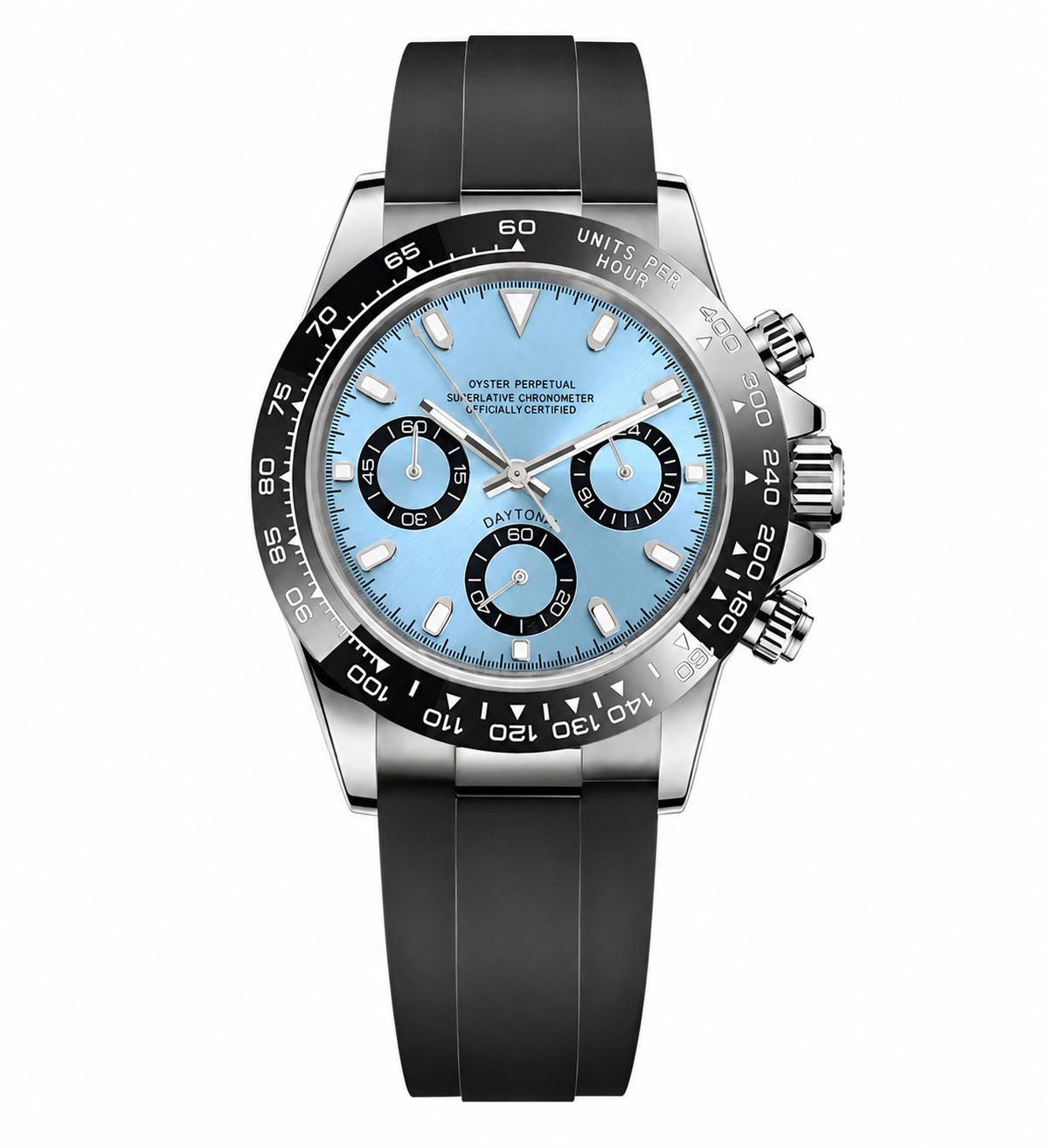 Montre Chronographe Bleu Glacé Bracelet Caoutchouc